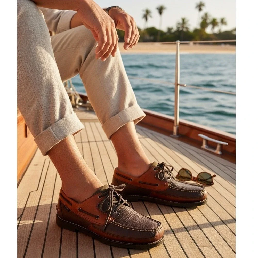L.L.Bean Mens 9D Camp Moc Boat Shoes Brown Tan Leather Handsewn Moccasin Lace Up